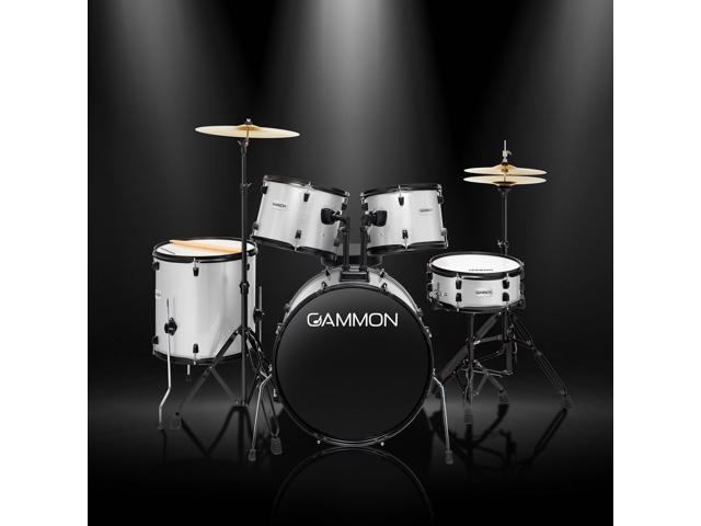Gammon Percussion Full Size Complete Adult 5-Piece Drum Set with Cymbals, Stands, Stool, and Sticks - Silver