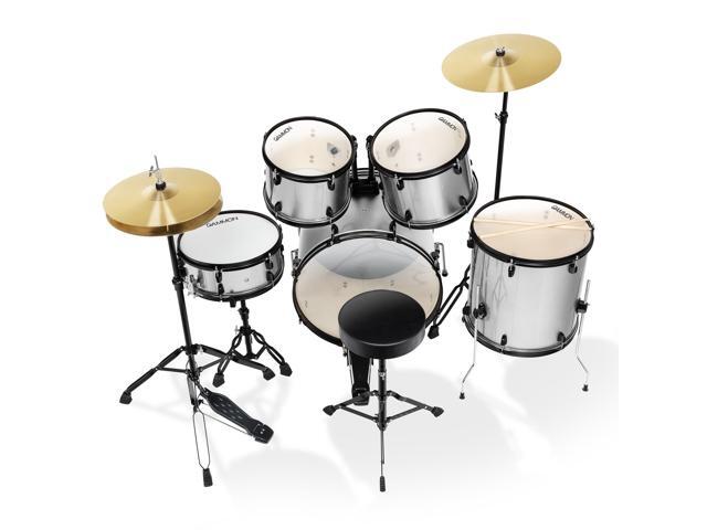 Gammon Percussion Full Size Complete Adult 5-Piece Drum Set with Cymbals, Stands, Stool, and Sticks - Silver