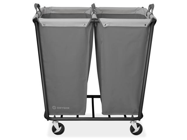 Dryser Divided Commercial Heavy-Duty Rolling Laundry Hamper, Steel Frame Cart on Wheels with 2 Section Removable Canvas Bins for Hotel or Home - Gray