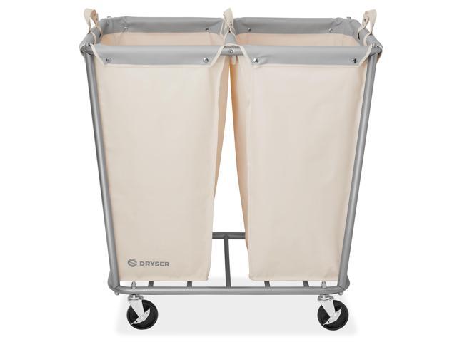 Dryser Divided Commercial Heavy-Duty Rolling Laundry Hamper, Steel Frame Cart on Wheels with 2 Section Removable Canvas Bins for Hotel or Home - White