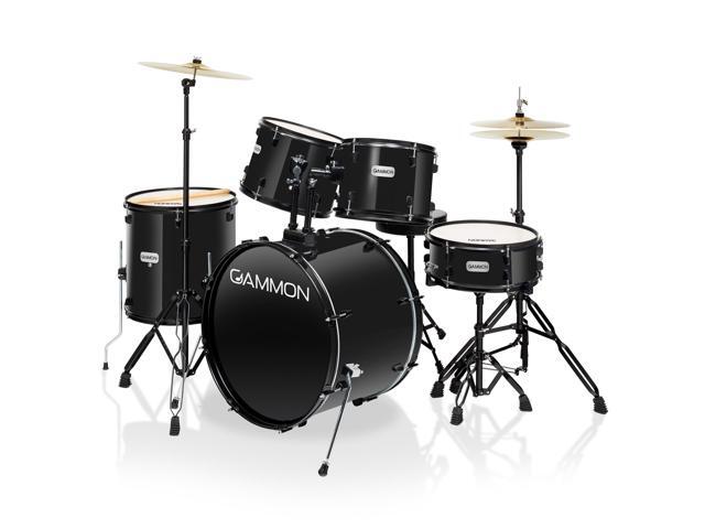 Gammon Percussion Full Size Complete Adult 5-Piece Drum Set with Cymbals, Stands, Stool, and Sticks - Black