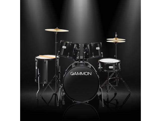 Gammon Percussion Full Size Complete Adult 5-Piece Drum Set with Cymbals, Stands, Stool, and Sticks - Black