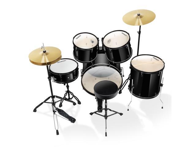 Gammon Percussion Full Size Complete Adult 5-Piece Drum Set with Cymbals, Stands, Stool, and Sticks - Black