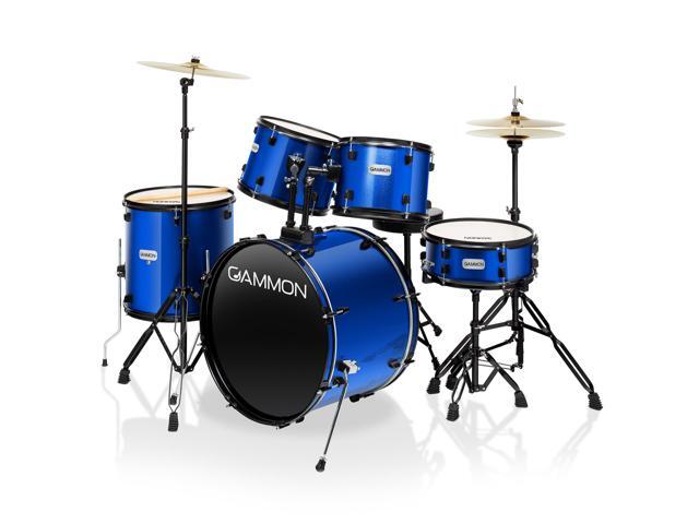 Gammon Percussion Full Size Complete Adult 5-Piece Drum Set with Cymbals, Stands, Stool, and Sticks - Blue