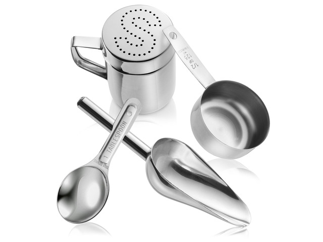 Olde Midway Stainless Steel Popcorn Machine Accessories - 4 Piece Set with Measuring Spoons, Scoop, and Salt Shaker