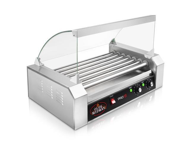 Olde Midway Electric 18 Hot Dog 7 Roller Grill Cooker Machine with Cover 900-Watt - Commercial Grade