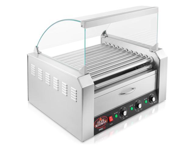 Olde Midway Electric 30 Hot Dog 11 Roller Grill Cooker Machine with Bun Warming Drawer and Cover - Commercial Grade, Stainless Steel
