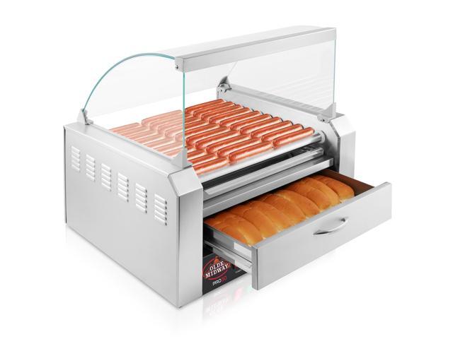 Olde Midway Electric 30 Hot Dog 11 Roller Grill Cooker Machine with Bun Warming Drawer and Cover - Commercial Grade, Stainless Steel