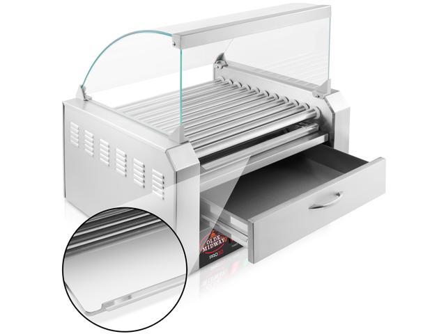 Olde Midway Electric 30 Hot Dog 11 Roller Grill Cooker Machine with Bun Warming Drawer and Cover - Commercial Grade, Stainless Steel