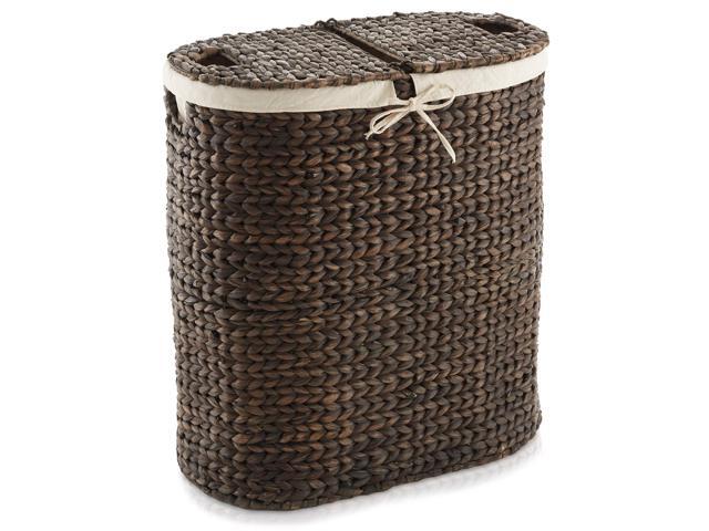 Casafield Oval Laundry Hamper with Lids and Removable Liner Bags - Espresso Dark Brown, Woven Water Hyacinth 2-Section Laundry Basket Clothes Sorter
