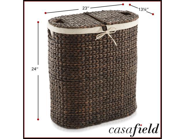 Casafield Oval Laundry Hamper with Lids and Removable Liner Bags - Espresso Dark Brown, Woven Water Hyacinth 2-Section Laundry Basket Clothes Sorter