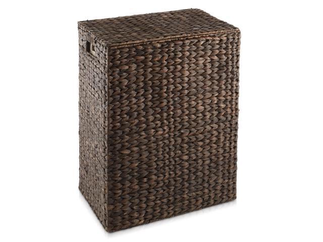 Casafield Large Laundry Hamper with Lid and Removable Liner Bag - Espresso Dark Brown, Woven Water Hyacinth Rectangular Laundry Basket Clothes Sorter