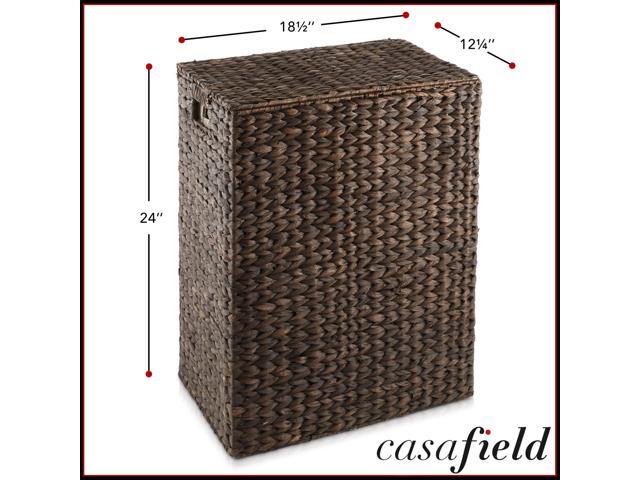 Casafield Large Laundry Hamper with Lid and Removable Liner Bag - Espresso Dark Brown, Woven Water Hyacinth Rectangular Laundry Basket Clothes Sorter