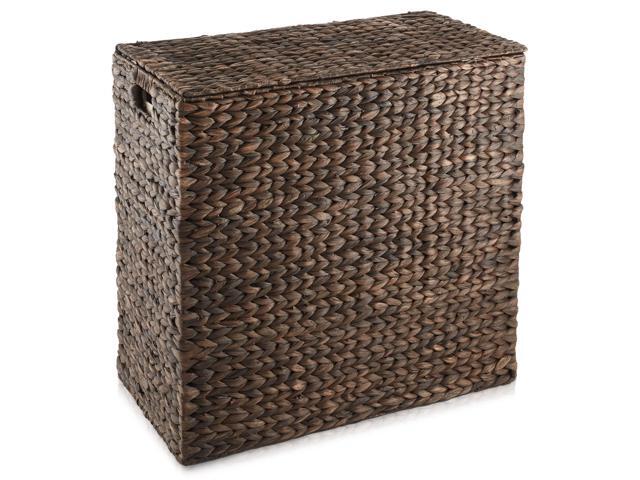 Casafield 2-Section Laundry Hamper with Removable Liner Bags - Espresso Dark Brown, Woven Water Hyacinth Double Laundry Basket Sorter for Clothes