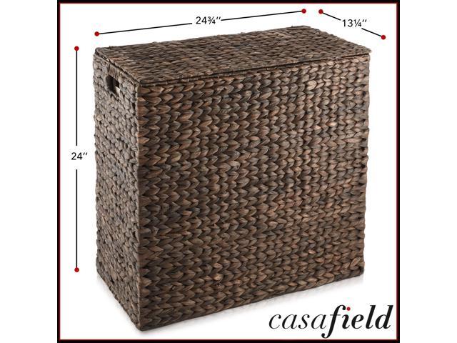Casafield 2-Section Laundry Hamper with Removable Liner Bags - Espresso Dark Brown, Woven Water Hyacinth Double Laundry Basket Sorter for Clothes