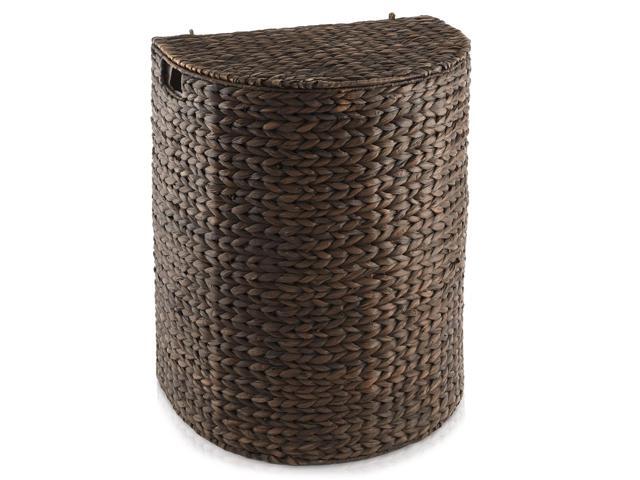 Casafield Half Moon Laundry Hamper with Lid and Removable Liner Bag - Espresso Dark Brown, Woven Water Hyacinth Laundry Basket for Clothes and Towels