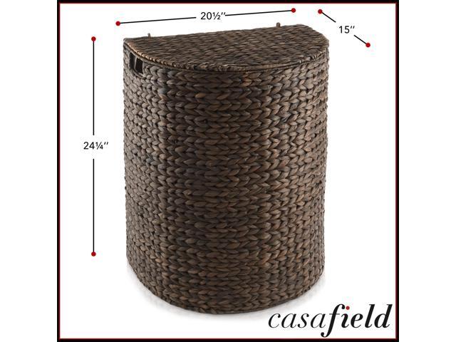 Casafield Half Moon Laundry Hamper with Lid and Removable Liner Bag - Espresso Dark Brown, Woven Water Hyacinth Laundry Basket for Clothes and Towels