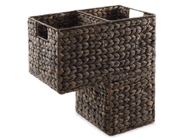 Casafield Stair Step Basket with Handles, Espresso Dark Brown - Woven Water Hyacinth Staircase Basket Storage Bin Organizer