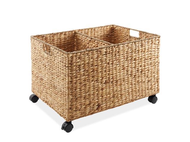 Casafield Rolling Storage Basket Cart with Lid and Locking Wheels, Natural - Handwoven Water Hyacinth Divided Recycling Sorting Bin for Kitchen,...