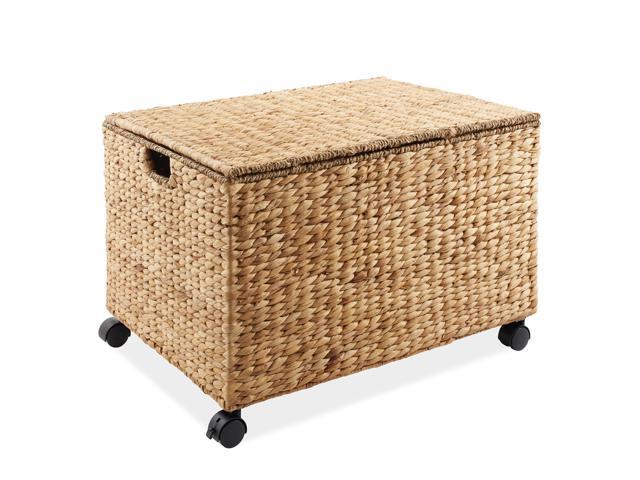 Casafield Rolling Storage Basket Cart with Lid and Locking Wheels, Natural - Handwoven Water Hyacinth Divided Recycling Sorting Bin for Kitchen,...
