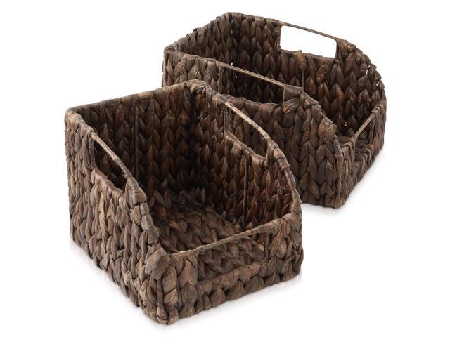 Casafield Set of 2 Water Hyacinth Pantry Baskets with Handles - Espresso, Woven Storage Bin Organizers for Kitchen Shelves, Medium and Large Sizes
