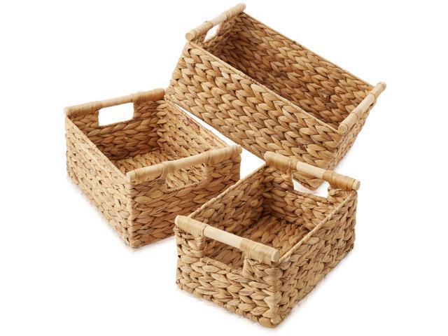 Casafield Set of 3 Water Hyacinth Rectangular Storage Baskets with Wooden Handles - Small, Medium, and Large Woven Nesting Baskets for Organizing