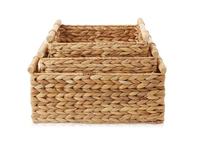 Casafield Set of 3 Water Hyacinth Rectangular Storage Baskets with Wooden Handles - Small, Medium, and Large Woven Nesting Baskets for Organizing