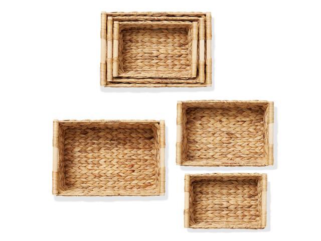 Casafield Set of 3 Water Hyacinth Rectangular Storage Baskets with Wooden Handles - Small, Medium, and Large Woven Nesting Baskets for Organizing