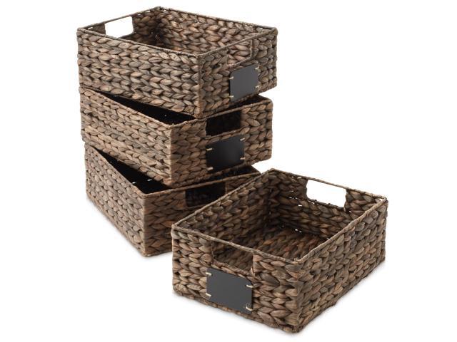 Casafield Set of 4 Water Hyacinth Pantry Baskets, 10' x 13' x 5', with Chalkboard Labels and Chalk Marker - Espresso, Woven Storage Bin Organizers...