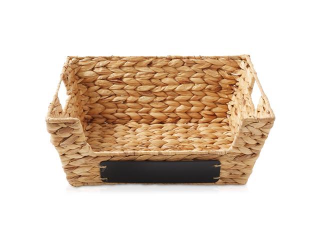 Casafield Set of 2 Water Hyacinth Pantry Baskets with Handles, Chalkboard Labels, and Marker - Natural, Wide Woven Storage Bin Organizers for...