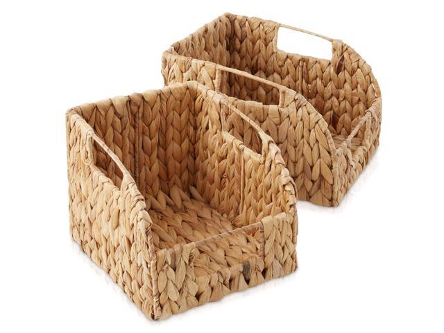 Casafield Set of 2 Water Hyacinth Pantry Baskets with Handles - Natural, Woven Storage Bin Organizers for Kitchen Shelves, Medium and Large Sizes