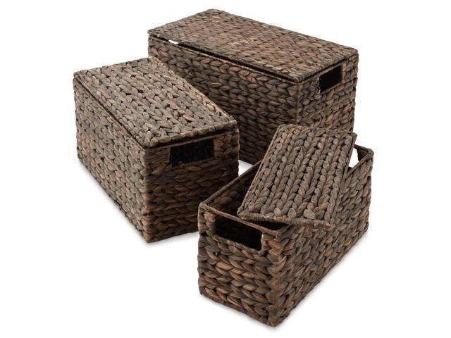 Casafield Set of 3 Water Hyacinth Storage Baskets with Lids, Espresso - Small, Medium, Large Woven Nesting Bins for Bathroom, Bedroom, Closets,...