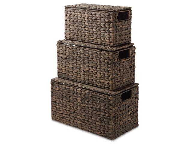 Casafield Set of 3 Water Hyacinth Storage Baskets with Lids, Espresso - Small, Medium, Large Woven Nesting Bins for Bathroom, Bedroom, Closets,...