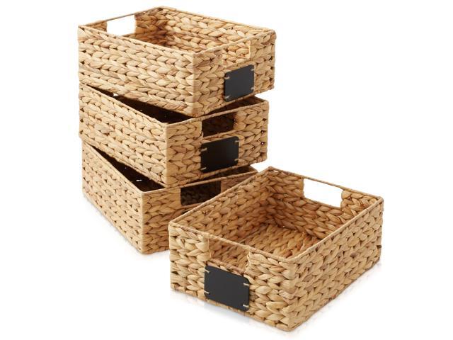 Casafield Set of 4 Water Hyacinth Pantry Baskets, 10' x 13' x 5', with Chalkboard Labels and Chalk Marker - Natural, Woven Storage Bin Organizers...