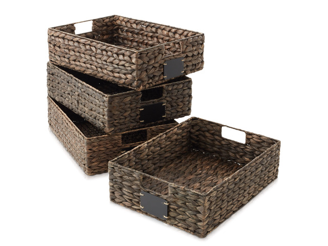 Casafield Set of 4 Water Hyacinth Pantry Baskets, 12-1/2' x 17' x 5', with Chalkboard Labels and Chalk Marker - Espresso, Woven Storage Bin...