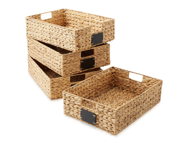 Casafield Set of 4 Water Hyacinth Pantry Baskets, 12-1/2' x 17' x 5', with Chalkboard Labels and Chalk Marker - Natural, Woven Storage Bin...