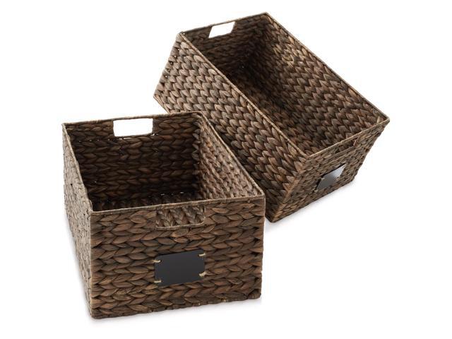 Casafield Set of 2 Water Hyacinth Pantry Baskets, 12-1/2' x 17' x 8', with Chalkboard Labels and Chalk Marker - Espresso, Woven Storage Bin...