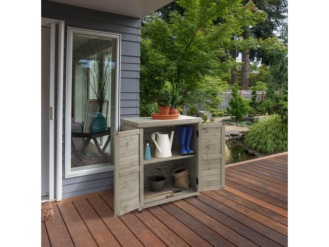 Casafield Outdoor Garden Potting Bench with Metal Tabletop and Storage Cabinet - Wooden Outdoor Garden Patio Workstation Table, Gray
