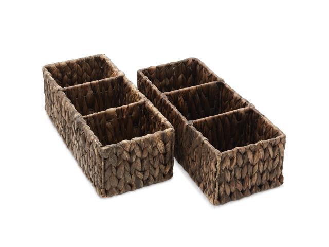 Casafield Set of 2 Water Hyacinth Basket Organizers with 3 Sections, Espresso - Woven Storage Bins for Bathroom, Laundry, Pantry, Office, Shelves