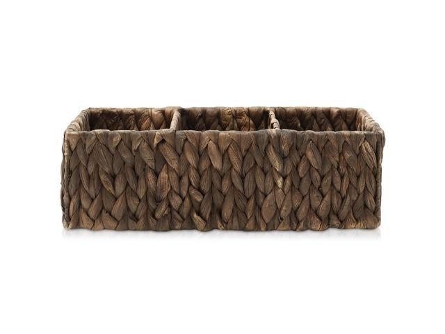 Casafield Set of 2 Water Hyacinth Basket Organizers with 3 Sections, Espresso - Woven Storage Bins for Bathroom, Laundry, Pantry, Office, Shelves