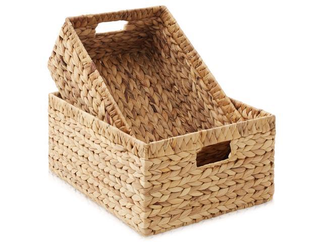 Casafield Set of 2 Water Hyacinth Storage Baskets with Handles - 1-Jumbo, 1-Large Woven Organizers for Bathroom, Laundry, Pantry, Office, Shelves