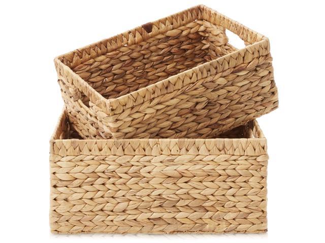 Casafield Set of 2 Water Hyacinth Storage Baskets with Handles - 1-Jumbo, 1-Large Woven Organizers for Bathroom, Laundry, Pantry, Office, Shelves