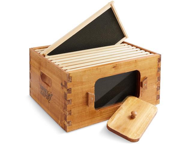 Honey Keeper Deep Brood Box with Window, 100% Beeswax Coated Beehive Kit with 10 Wooden Frames and Waxed Foundations for Langstroth Beekeeping