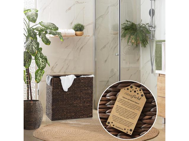 Casafield 2-Section Laundry Hamper with Removable Liner Bags - Espresso Dark Brown, Woven Water Hyacinth Double Laundry Basket Sorter for Clothes