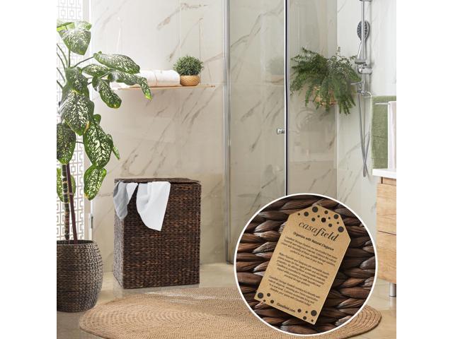 Casafield Large Laundry Hamper with Lid and Removable Liner Bag - Espresso Dark Brown, Woven Water Hyacinth Rectangular Laundry Basket Clothes Sorter