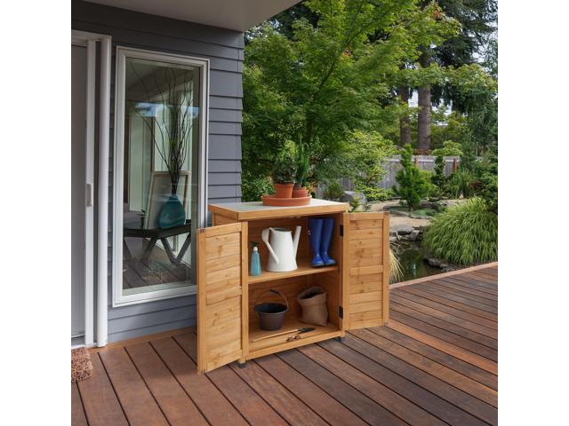 Casafield Outdoor Garden Potting Bench with Metal Tabletop and Storage Cabinet - Wooden Outdoor Garden Patio Workstation Table, Natural