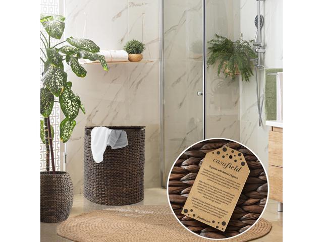 Casafield Half Moon Laundry Hamper with Lid and Removable Liner Bag - Espresso Dark Brown, Woven Water Hyacinth Laundry Basket for Clothes and Towels