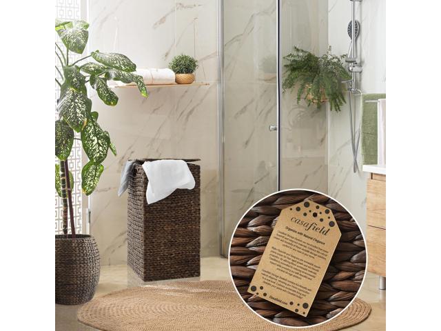 Casafield Laundry Hamper with Lid and Removable Liner Bag - Espresso Dark Brown, Woven Water Hyacinth Square Laundry Basket Sorter for Clothes, Towels