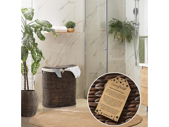Casafield Oval Laundry Hamper with Lids and Removable Liner Bags - Espresso Dark Brown, Woven Water Hyacinth 2-Section Laundry Basket Clothes Sorter
