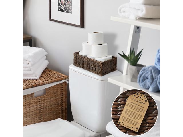 Casafield Set of 2 Bathroom Storage Baskets, Espresso - Water Hyacinth, 16' W x 6.75' D x 4.25' H, Woven Toilet Tank Topper Bins for Organizing...